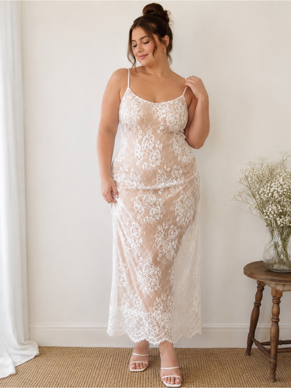 White Lace Slip Midi Dress Large Sheer Floral Overlay Romantic Bridal